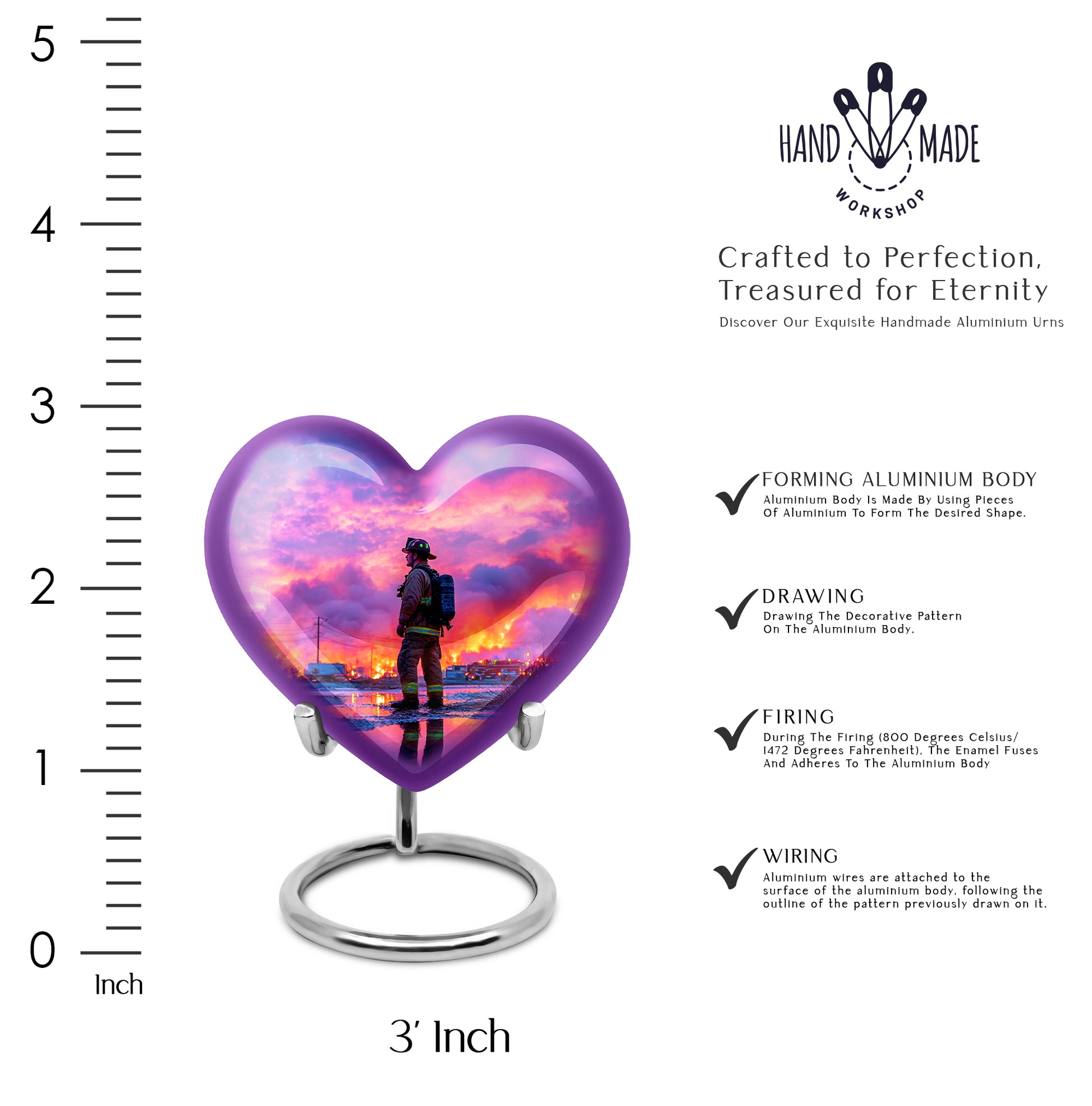 Misty Blue Firefighter Cremation Urn front view showing detailed design - loving heart memorial featuring firefighter pattern - mini keepsake memorial for portion of cremation ashes