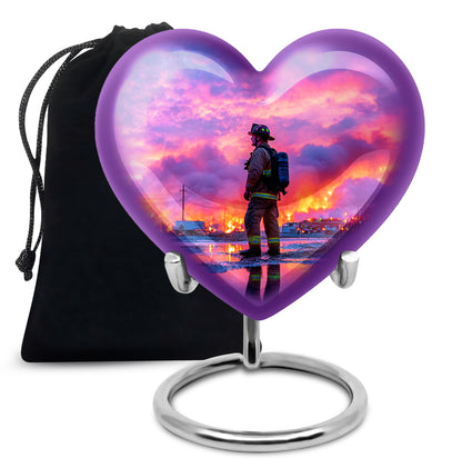 Sky Blue Firefighter Cremation Urn detail view - heart-shaped firefighter design symbolizing eternal love - full-size 10 inch 200 cubic inch adult cremation urn
