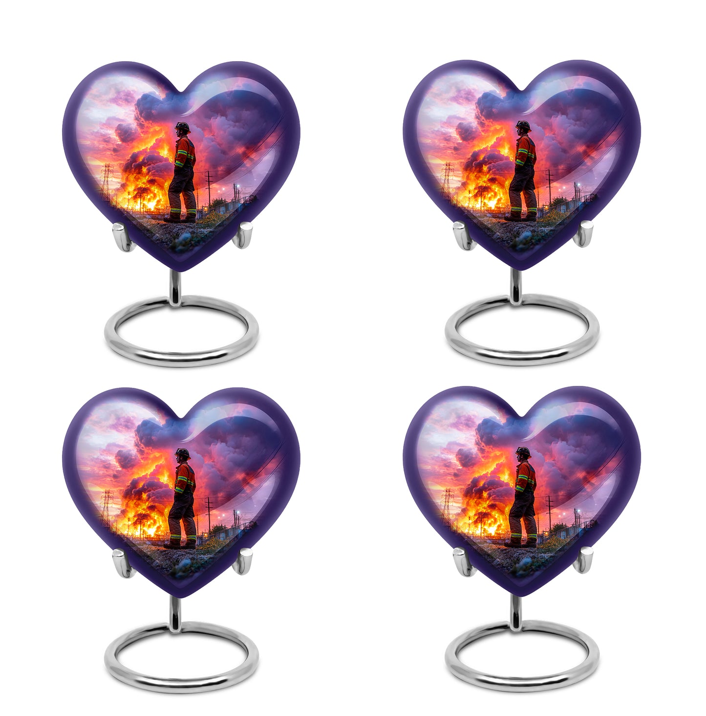 Misty Blue Firefighter Cremation Urn angled view of lid and engraved motif - loving heart memorial featuring firefighter pattern - 10 inch aluminum urn for cremated remains