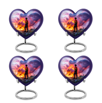 Misty Blue Firefighter Cremation Urn angled view of lid and engraved motif - loving heart memorial featuring firefighter pattern - 10 inch aluminum urn for cremated remains