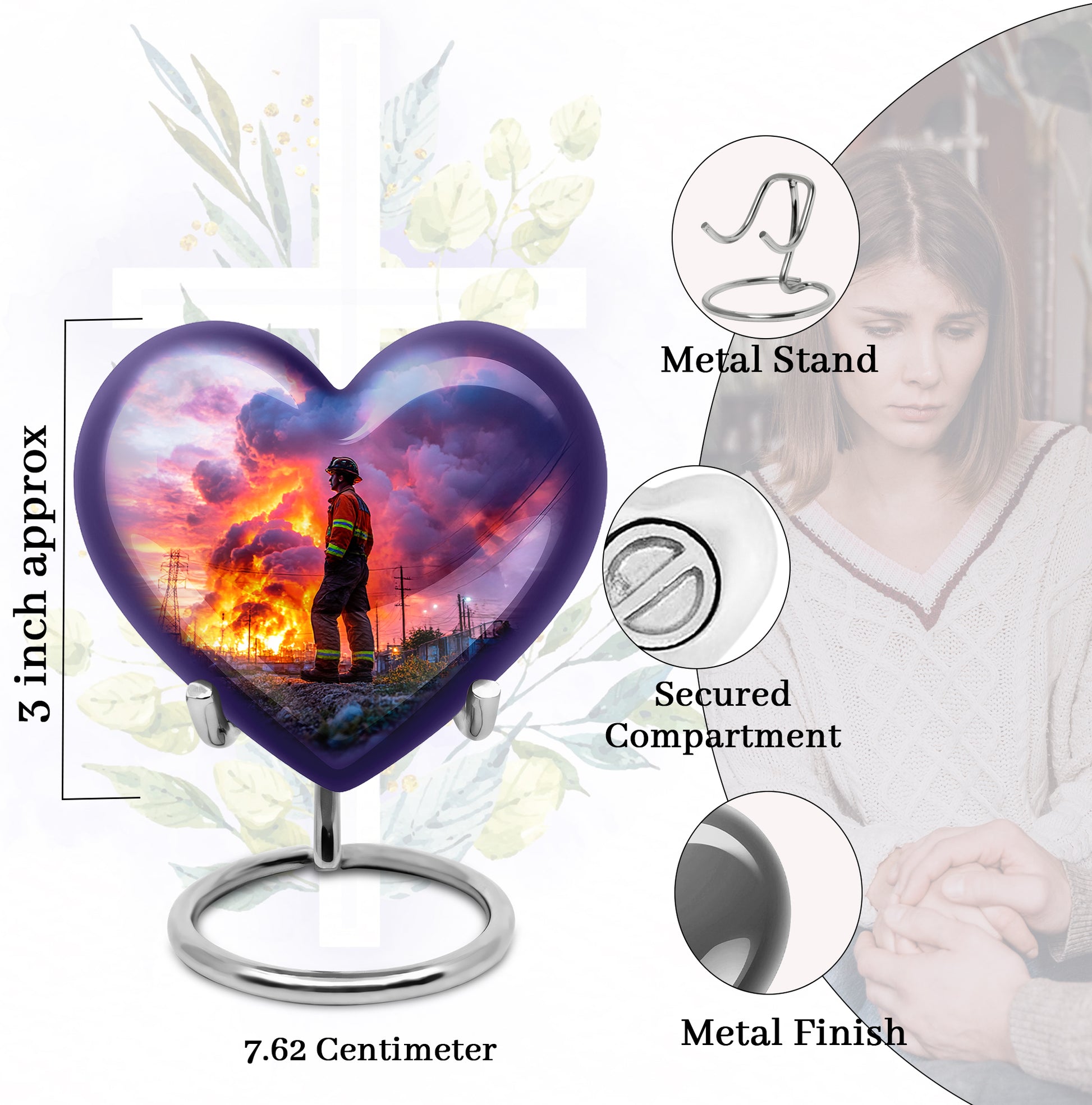 Cornflower Blue Firefighter Cremation Urn front view showing detailed design - compassionate heart-firefighter combination with gentle curves - mini keepsake memorial for portion of cremation ashes