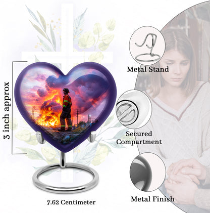 Cornflower Blue Firefighter Cremation Urn front view showing detailed design - compassionate heart-firefighter combination with gentle curves - mini keepsake memorial for portion of cremation ashes