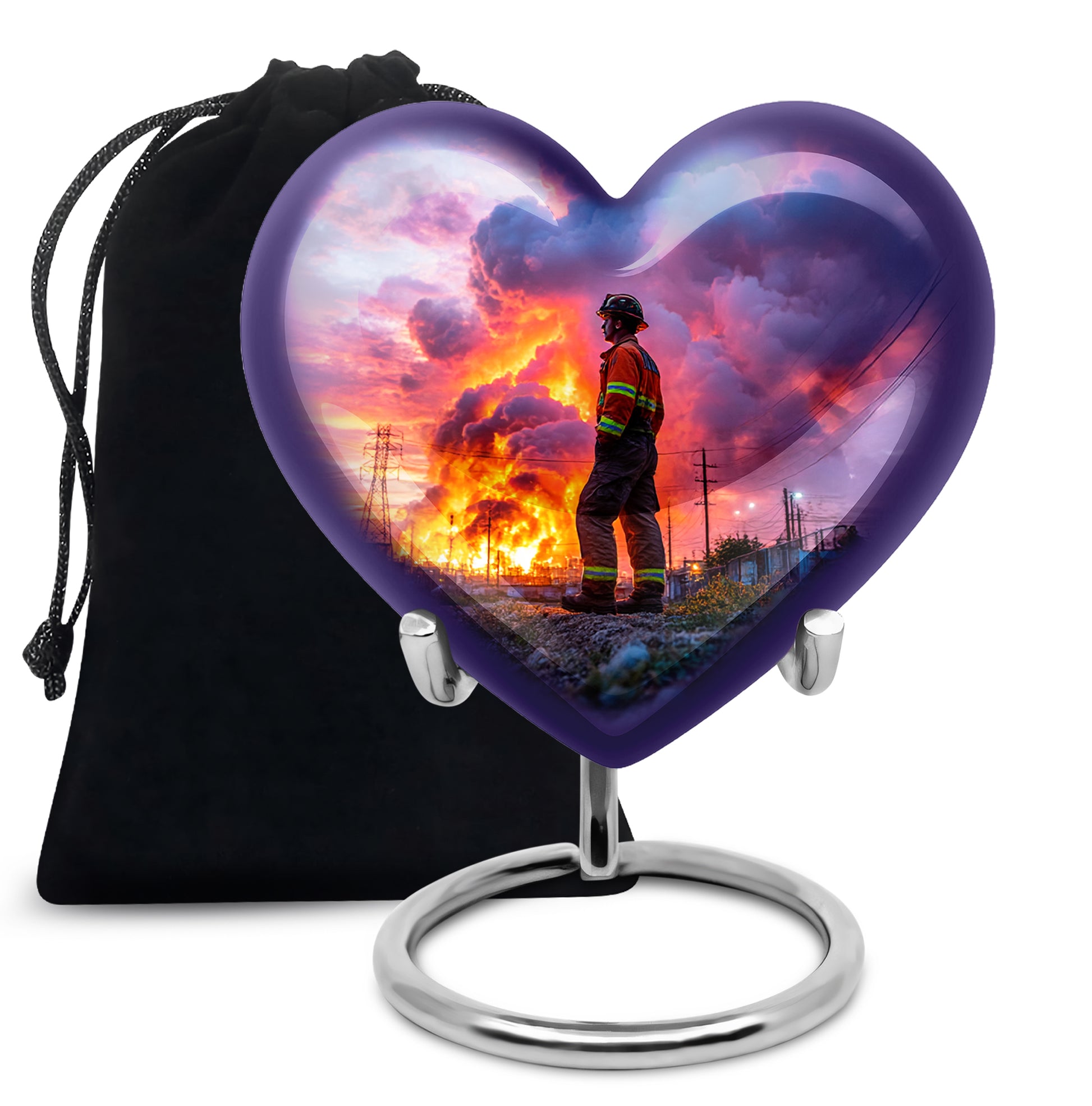 Vivid Blue Firefighter Cremation Urn detail view - compassionate heart-firefighter combination with gentle curves - full-size 10 inch 200 cubic inch adult cremation urn