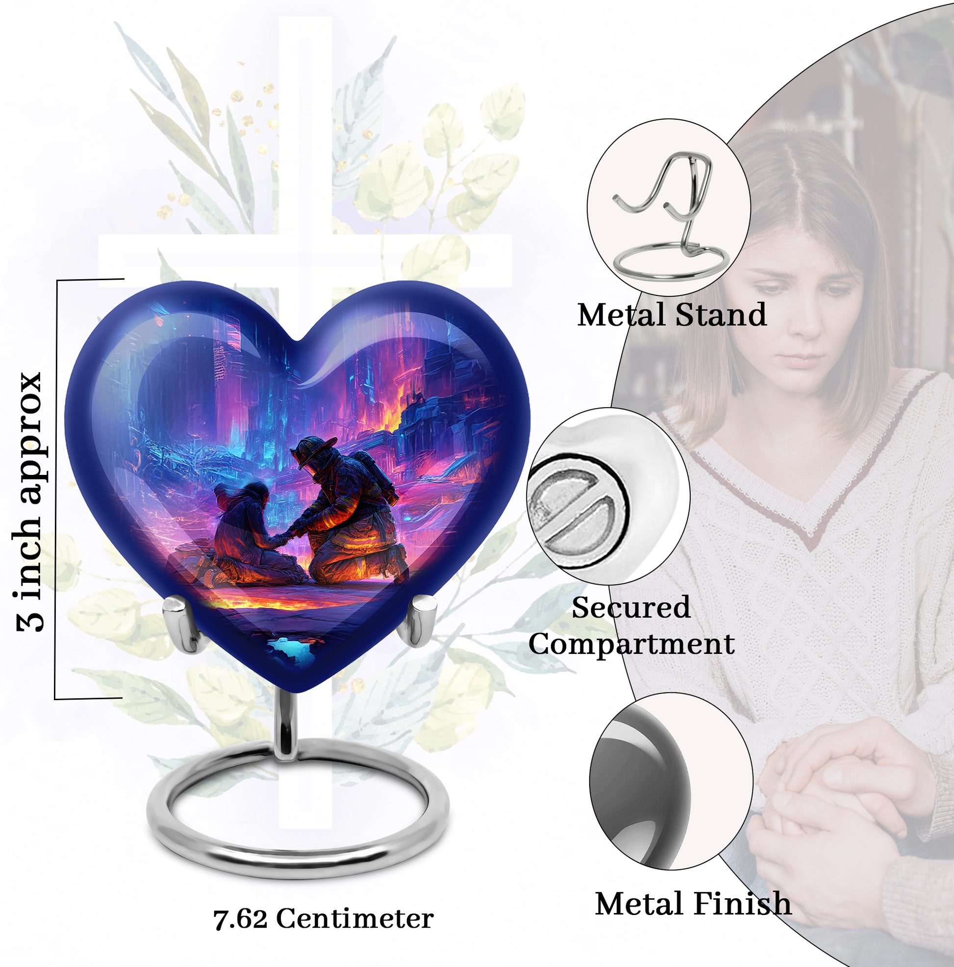 Sky Blue Firefighter Cremation Urn front view showing detailed design - heart-shaped firefighter design symbolizing eternal love - mini keepsake memorial for portion of cremation ashes