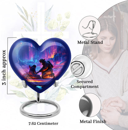 Sky Blue Firefighter Cremation Urn front view showing detailed design - heart-shaped firefighter design symbolizing eternal love - mini keepsake memorial for portion of cremation ashes