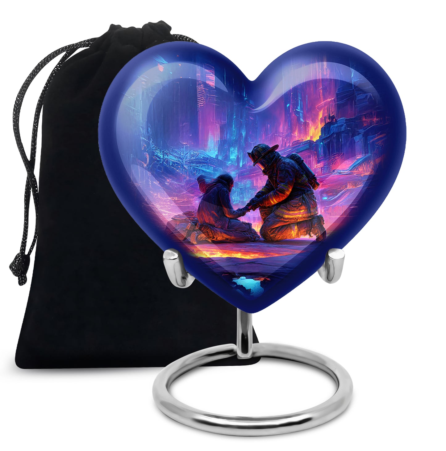 Pastel Blue Firefighter Cremation Urn detail view - heart-shaped firefighter design symbolizing eternal love - full-size 10 inch 200 cubic inch adult cremation urn
