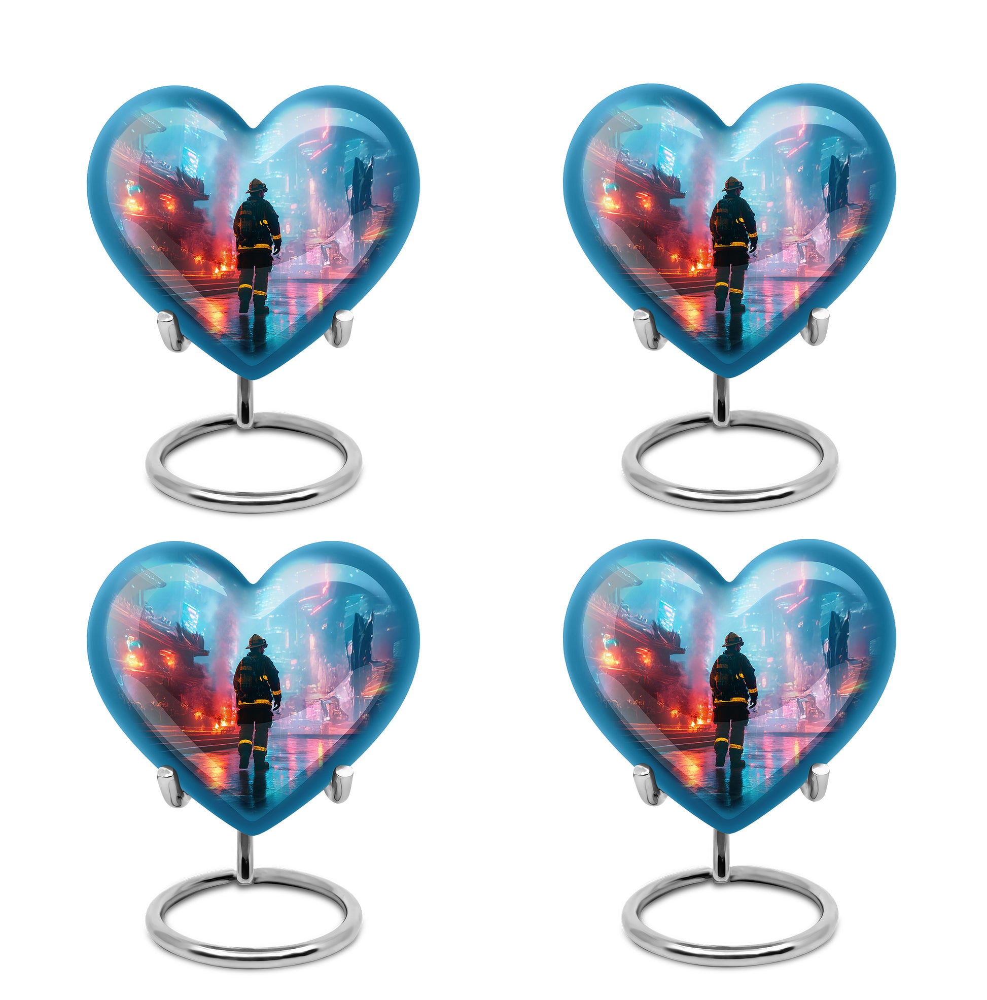 Royal Blue Firefighter Cremation Urn angled view of lid and engraved motif - compassionate heart-firefighter combination with gentle curves - 10 inch aluminum urn for cremated remains