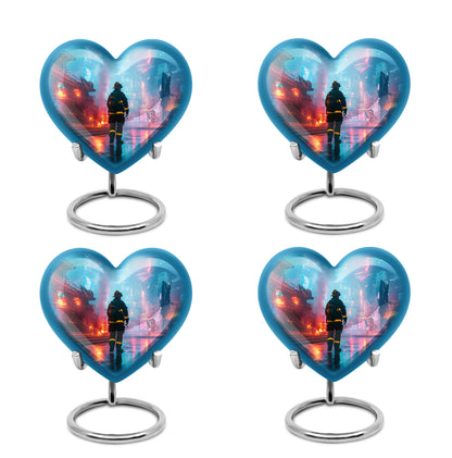 Royal Blue Firefighter Cremation Urn angled view of lid and engraved motif - compassionate heart-firefighter combination with gentle curves - 10 inch aluminum urn for cremated remains