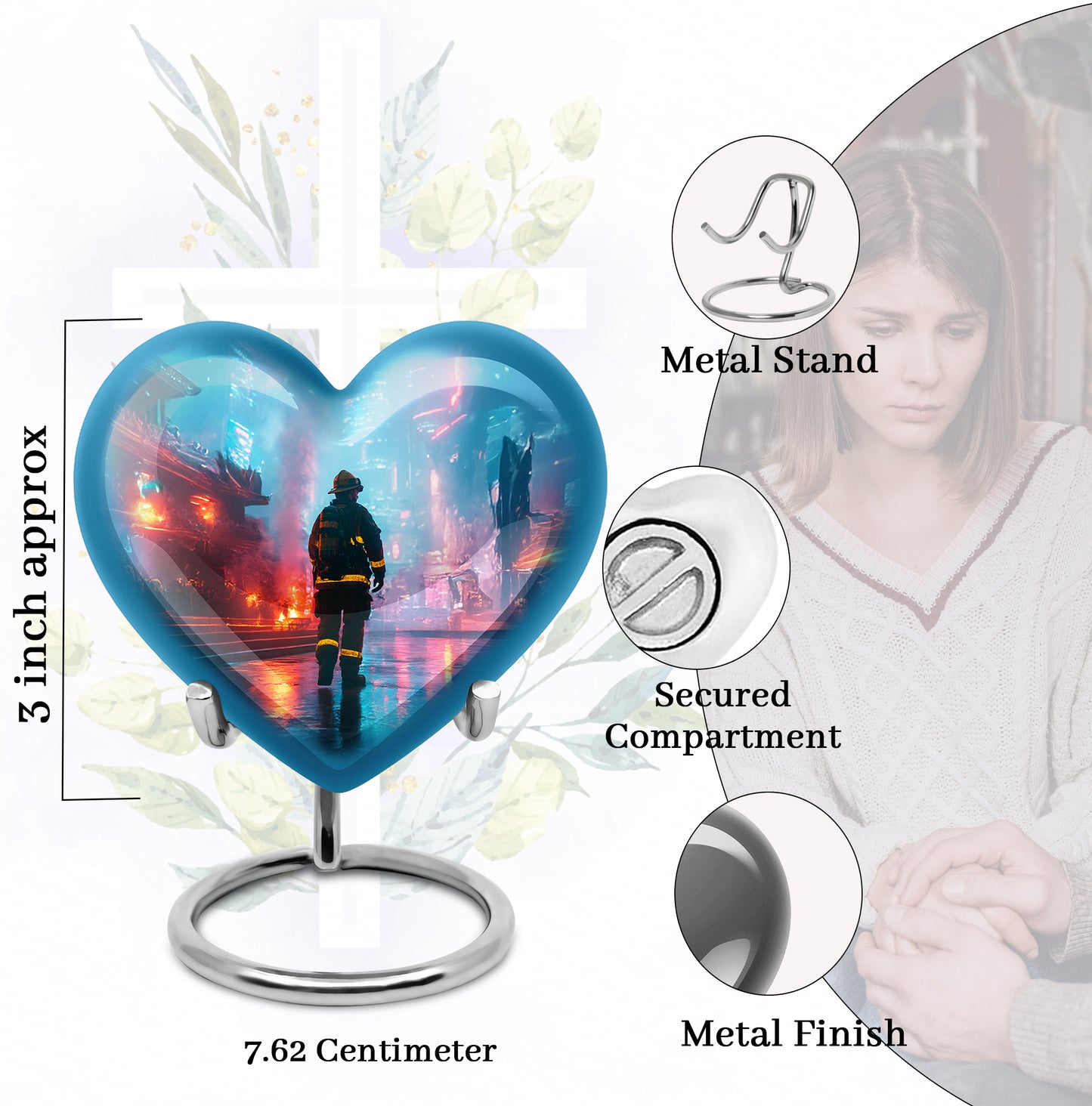 Icy Blue Firefighter Cremation Urn front view showing detailed design - loving heart memorial featuring firefighter pattern - mini keepsake memorial for portion of cremation ashes