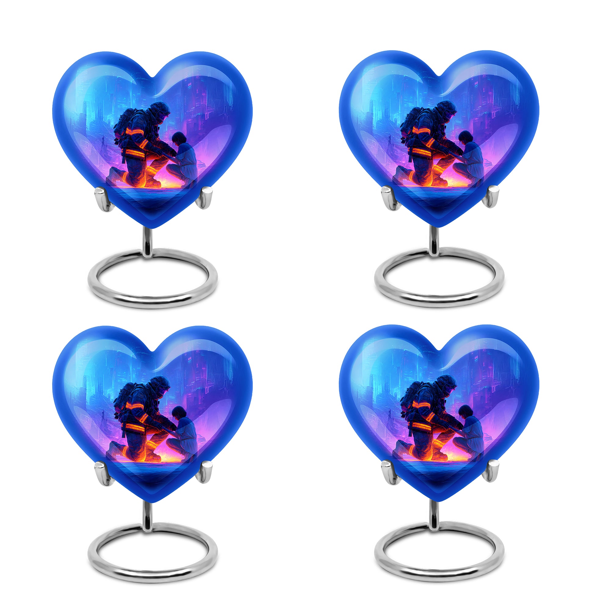 Icy Blue Firefighter Cremation Urn angled view of lid and engraved motif - heart-shaped firefighter design symbolizing eternal love - 10 inch aluminum urn for cremated remains