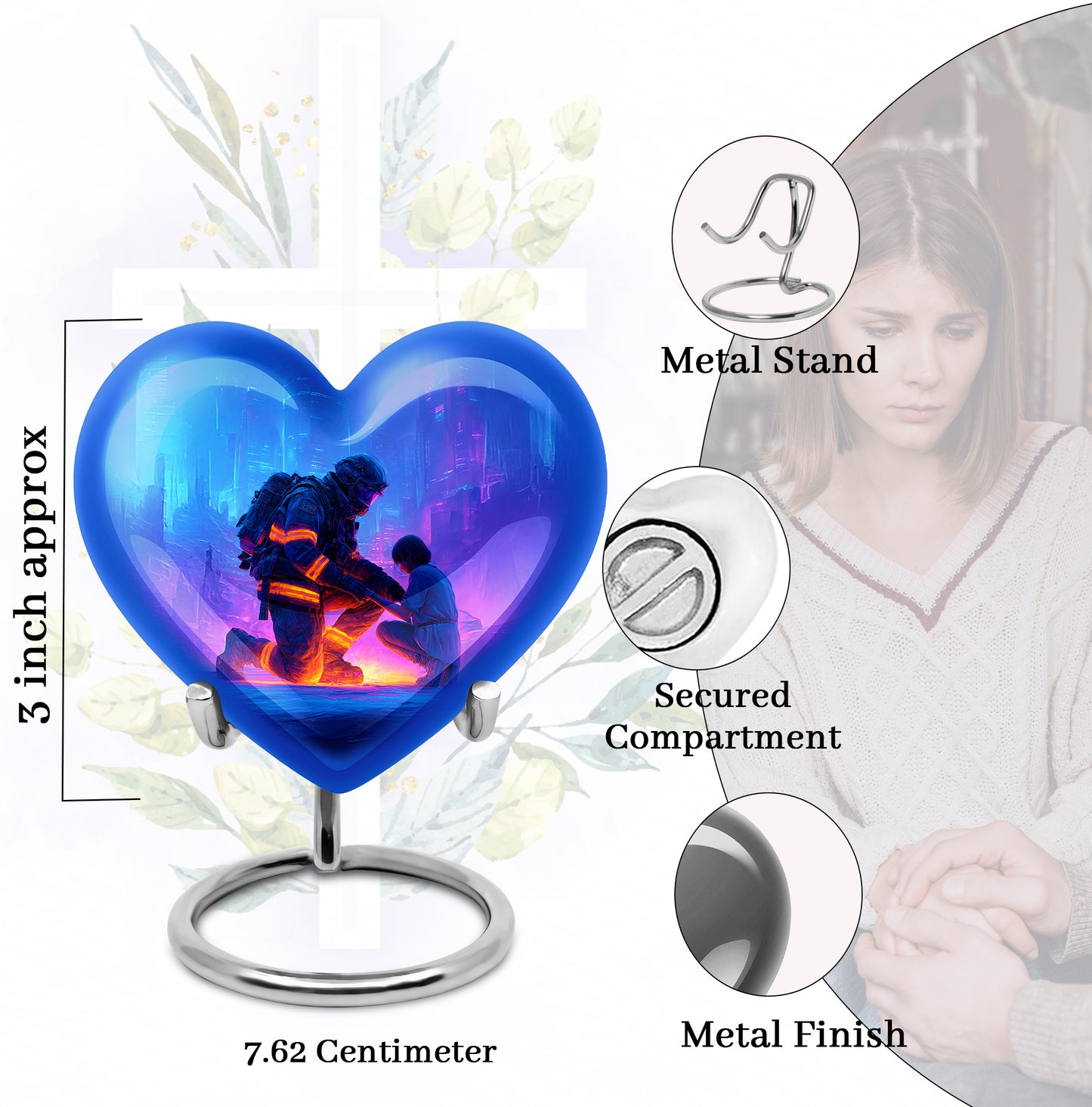 Celestial Blue Firefighter Cremation Urn front view showing detailed design - heart-shaped firefighter design symbolizing eternal love - mini keepsake memorial for portion of cremation ashes