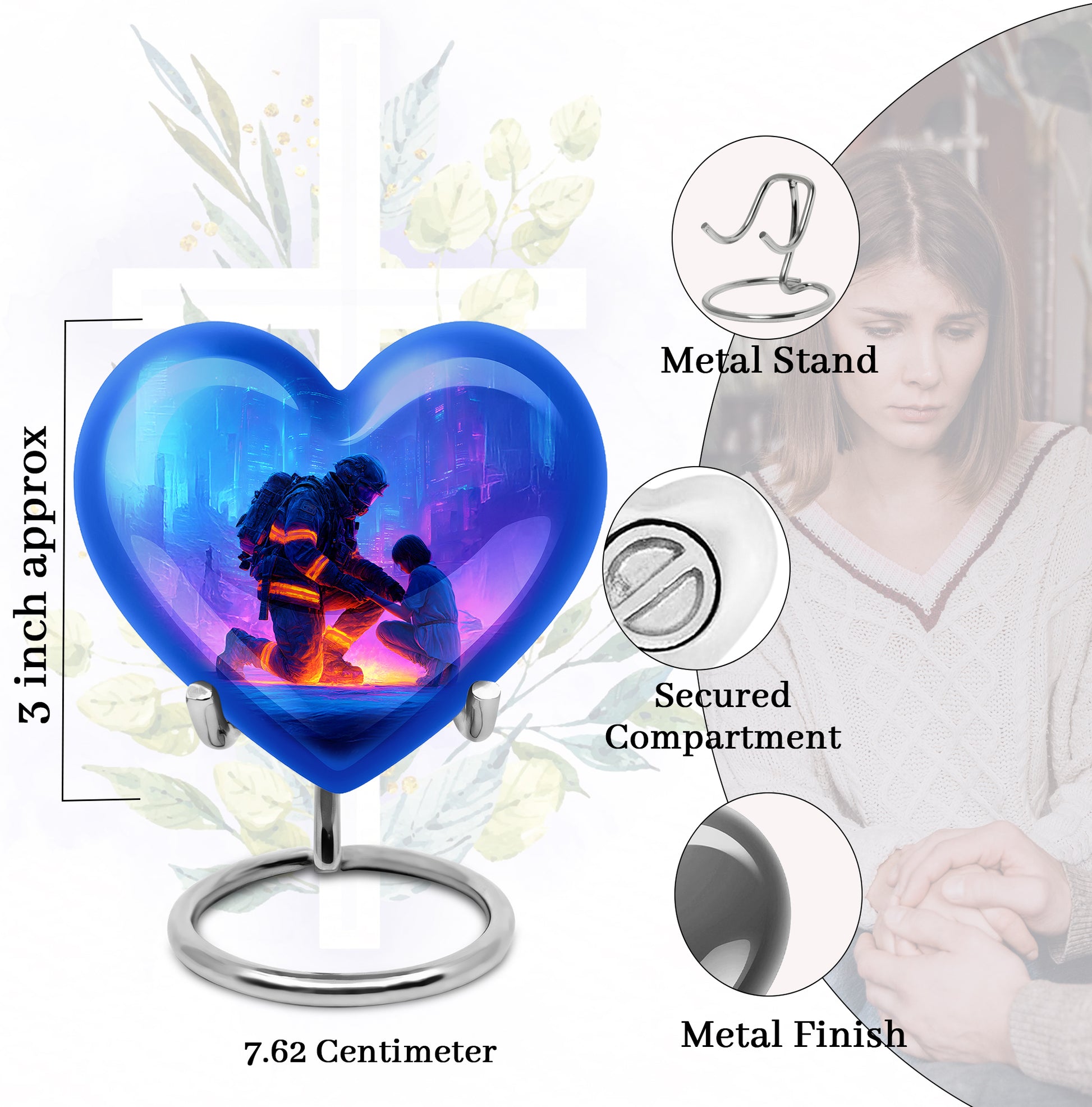 Celestial Blue Firefighter Cremation Urn front view showing detailed design - heart-shaped firefighter design symbolizing eternal love - mini keepsake memorial for portion of cremation ashes