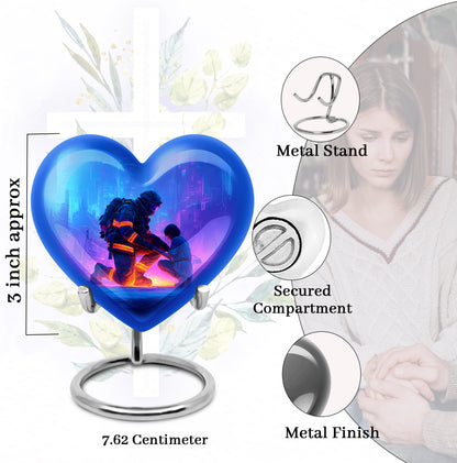 Celestial Blue Firefighter Cremation Urn front view showing detailed design - heart-shaped firefighter design symbolizing eternal love - mini keepsake memorial for portion of cremation ashes