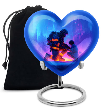 Sky Blue Firefighter Cremation Urn detail view - loving heart memorial featuring firefighter pattern - full-size 10 inch 200 cubic inch adult cremation urn