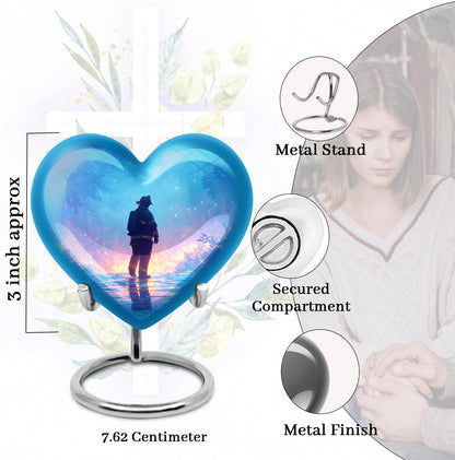 Pastel Blue Firefighter Cremation Urn front view showing detailed design - loving heart memorial featuring firefighter pattern - mini keepsake memorial for portion of cremation ashes