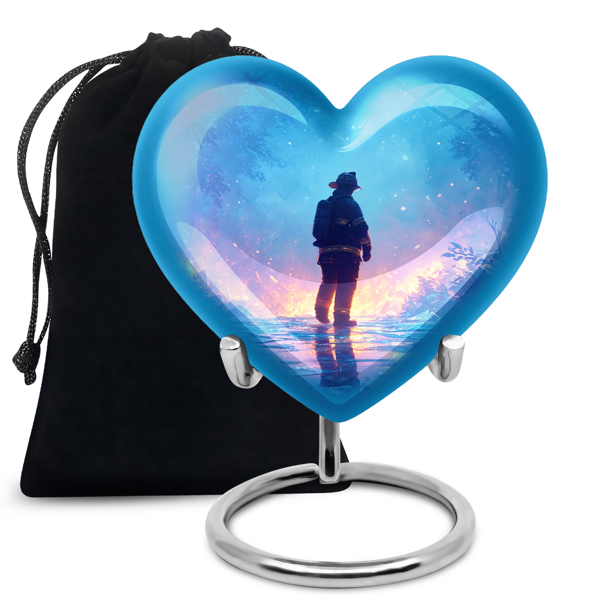 Sapphire Blue Firefighter Cremation Urn detail view - romantic heart urn with firefighter motif on aluminum - full-size 10 inch 200 cubic inch adult cremation urn