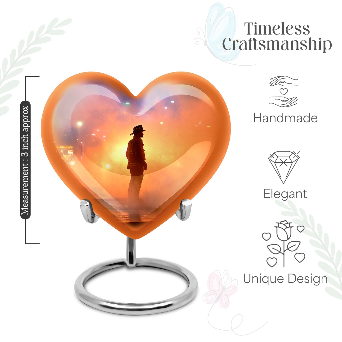 Vintage Pink Firefighter Cremation Urn front view showing detailed design - compassionate heart-firefighter combination with gentle curves - mini keepsake memorial for portion of cremation ashes