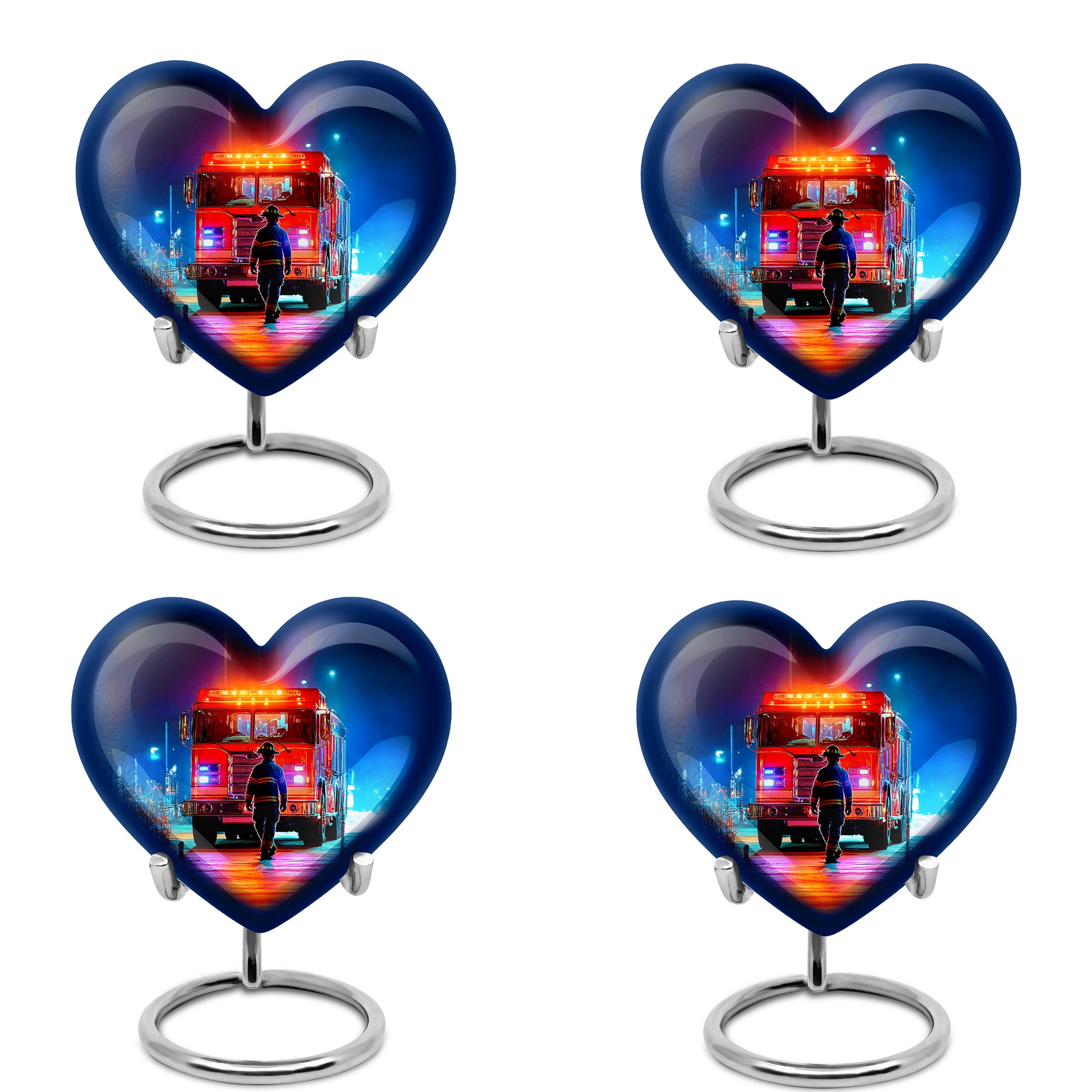 Glossy Black Firefighter Cremation Urn angled view of lid and engraved motif - loving heart memorial featuring firefighter pattern - 10 inch aluminum urn for cremated remains