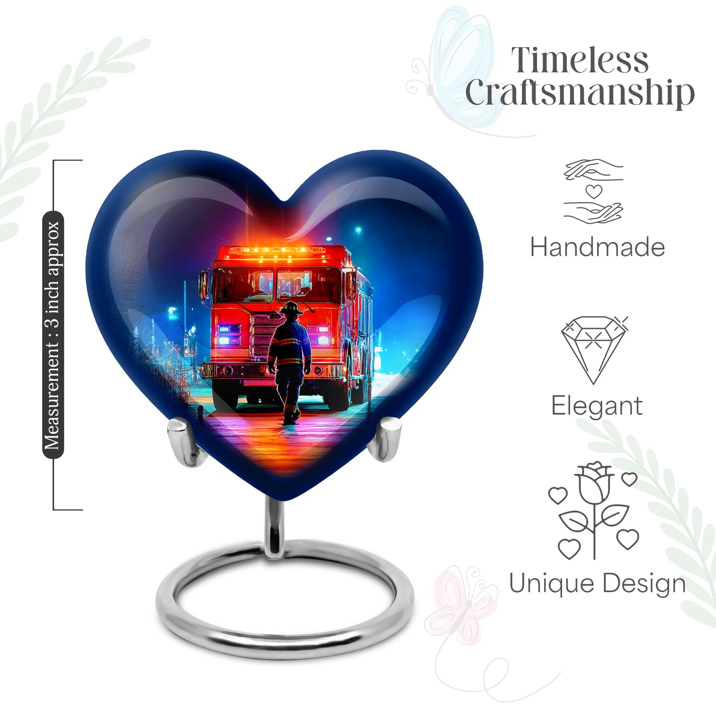 Jet Black Firefighter Cremation Urn front view showing detailed design - loving heart memorial featuring firefighter pattern - mini keepsake memorial for portion of cremation ashes