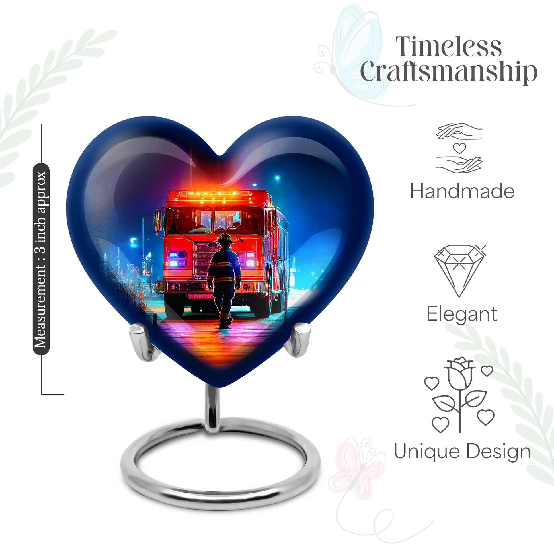 Jet Black Firefighter Cremation Urn front view showing detailed design - loving heart memorial featuring firefighter pattern - mini keepsake memorial for portion of cremation ashes
