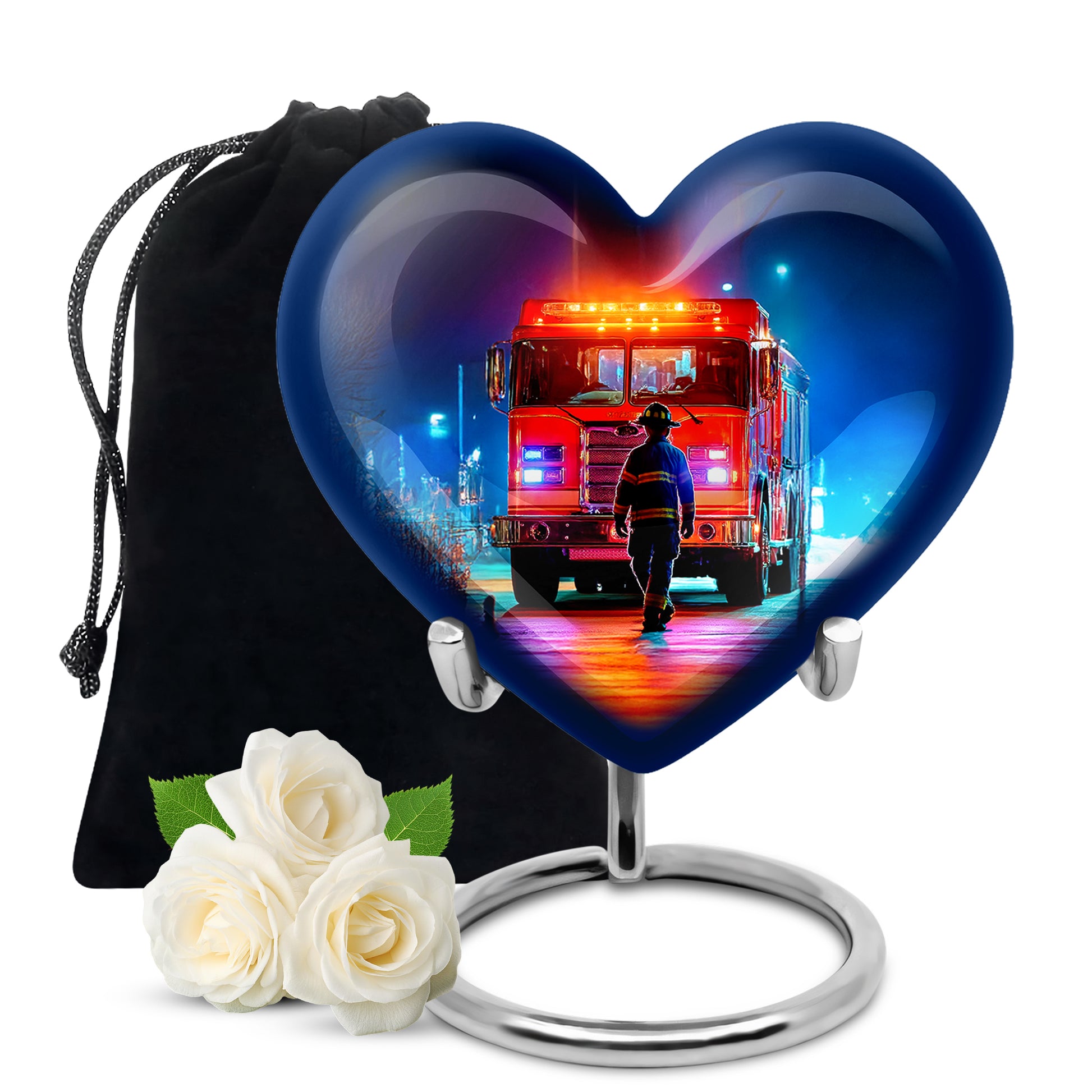 Onyx Black Firefighter Cremation Urn detail view - compassionate heart-firefighter combination with gentle curves - full-size 10 inch 200 cubic inch adult cremation urn