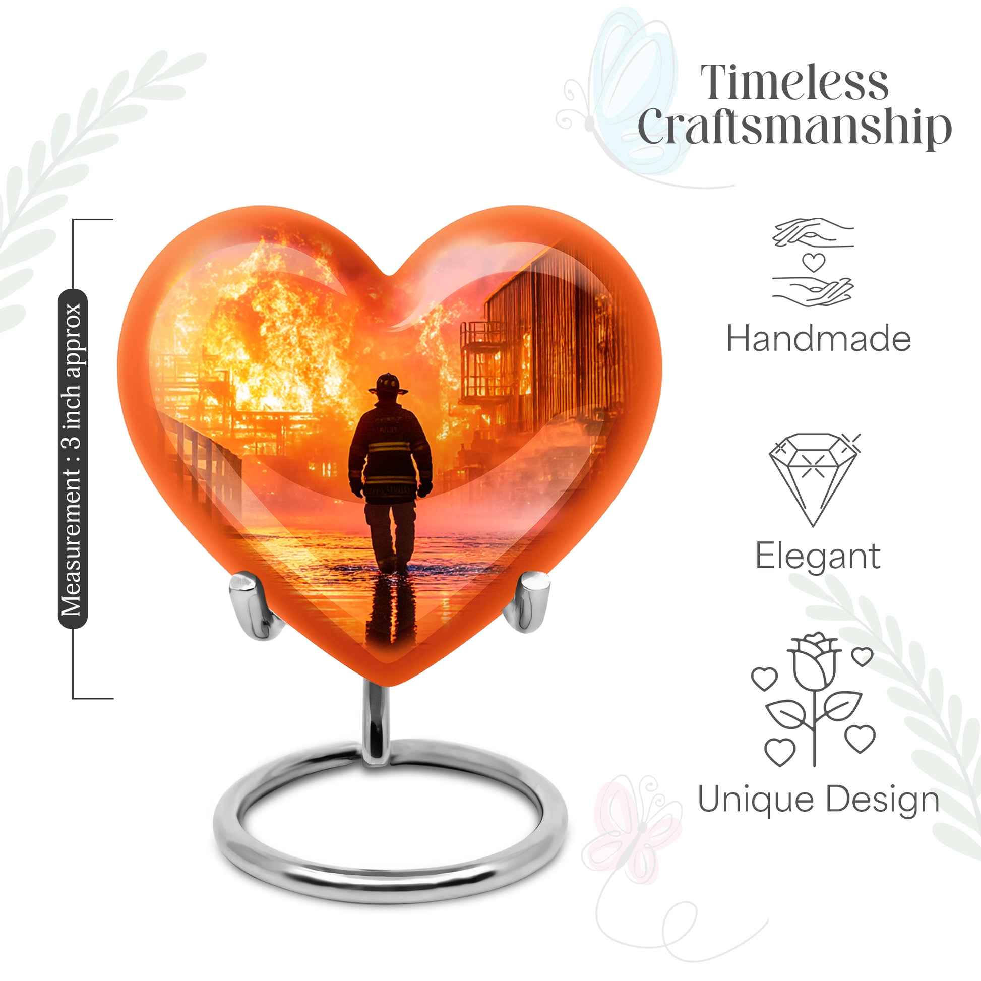 Rich Red Firefighter Cremation Urn front view showing detailed design - romantic heart urn with firefighter motif on aluminum - mini keepsake memorial for portion of cremation ashes