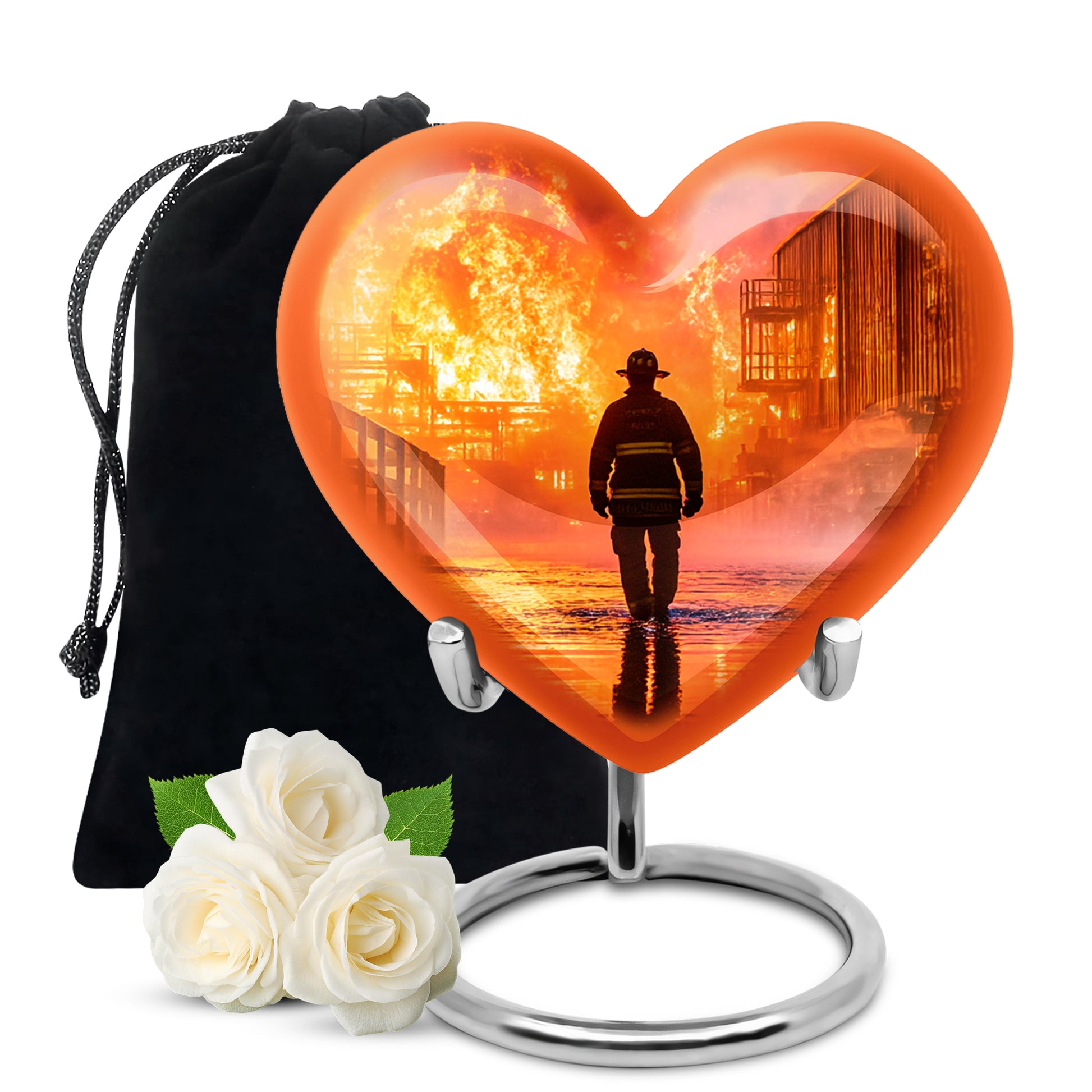 Garnet Red Firefighter Cremation Urn detail view - heart-shaped firefighter design symbolizing eternal love - full-size 10 inch 200 cubic inch adult cremation urn