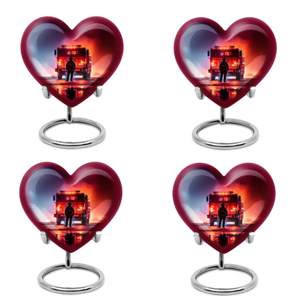Orchid Purple Firefighter Cremation Urn angled view of lid and engraved motif - heart-shaped firefighter design symbolizing eternal love - 10 inch aluminum urn for cremated remains