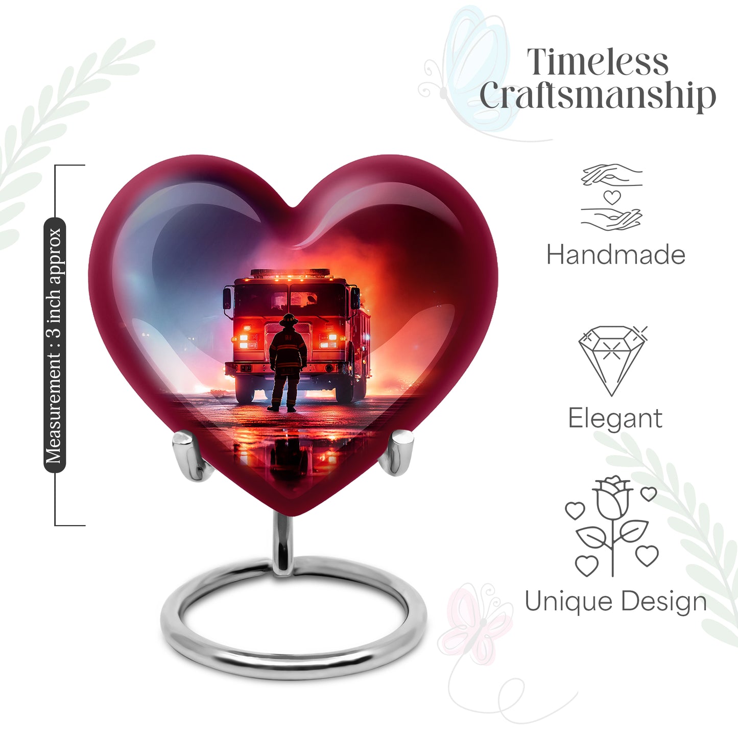 Orchid Purple Firefighter Cremation Urn front view showing detailed design - loving heart memorial featuring firefighter pattern - mini keepsake memorial for portion of cremation ashes