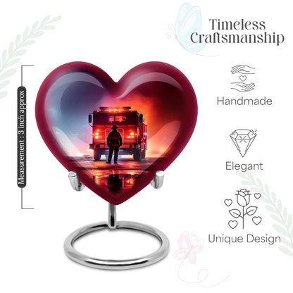 Orchid Purple Firefighter Cremation Urn front view showing detailed design - loving heart memorial featuring firefighter pattern - mini keepsake memorial for portion of cremation ashes
