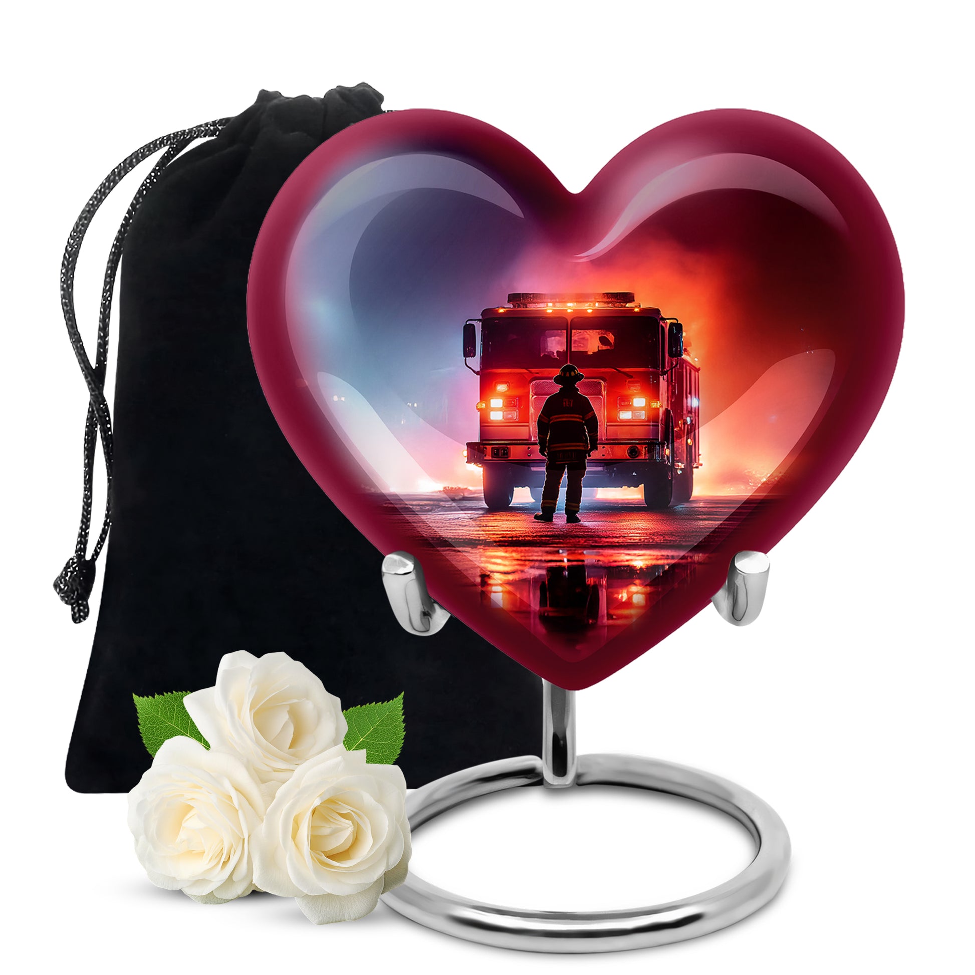 Lavender Purple Firefighter Cremation Urn detail view - compassionate heart-firefighter combination with gentle curves - full-size 10 inch 200 cubic inch adult cremation urn