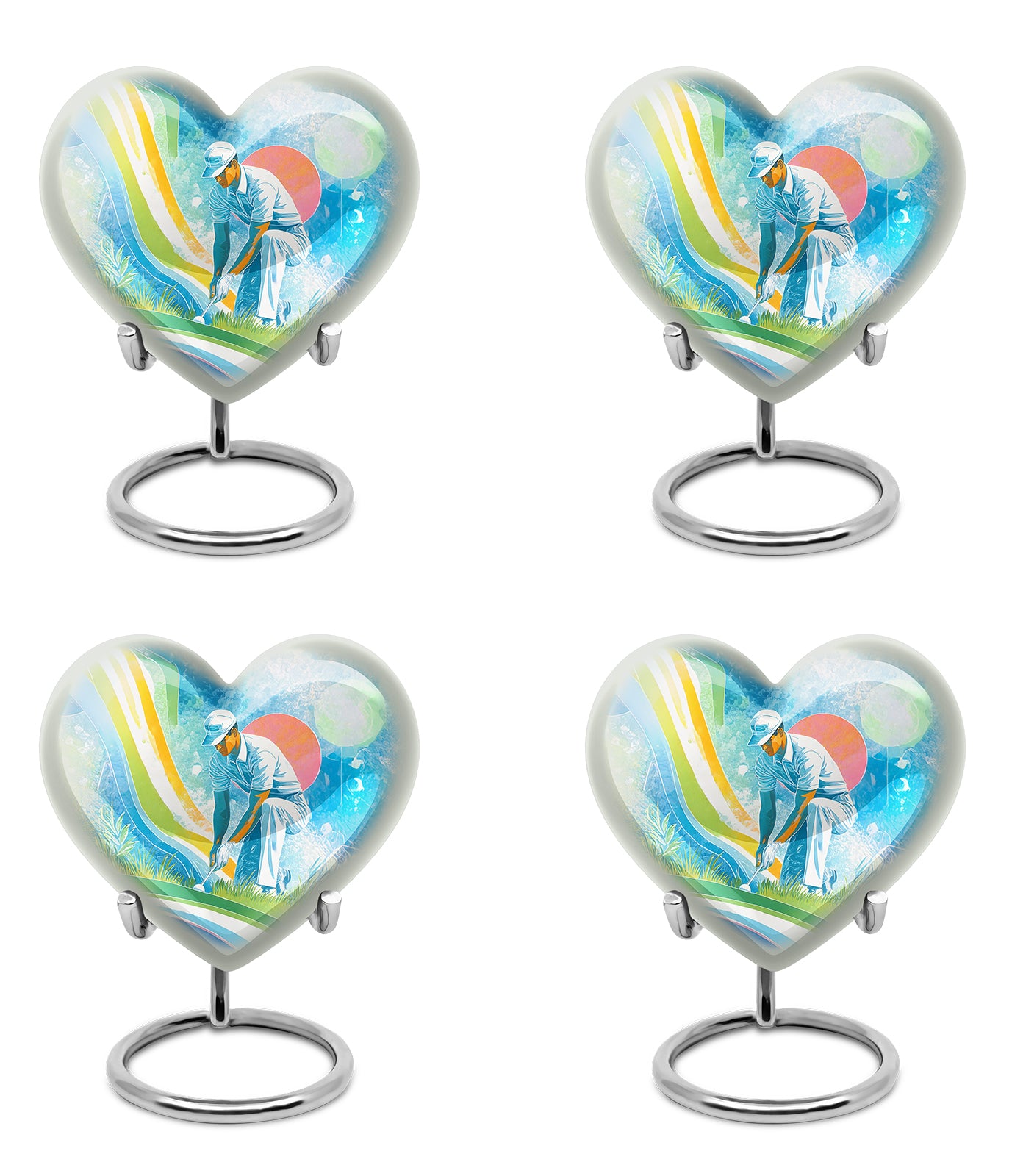 Azure Golf Cremation Urn angled view of lid and engraved motif - heart-shaped golf design symbolizing eternal love - 10 inch aluminum urn for cremated remains