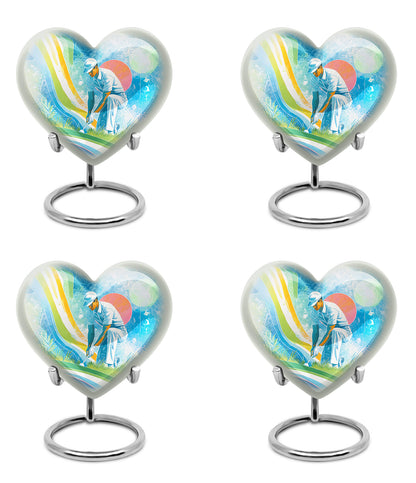 Azure Golf Cremation Urn angled view of lid and engraved motif - heart-shaped golf design symbolizing eternal love - 10 inch aluminum urn for cremated remains