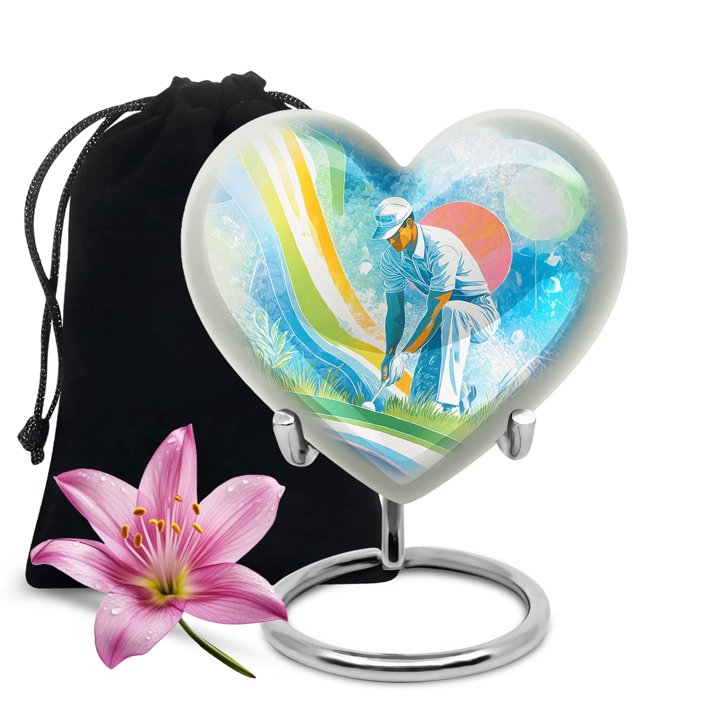 Bright Blue Golf Cremation Urn detail view - romantic heart urn with golf motif on aluminum - full-size 10 inch 200 cubic inch adult cremation urn