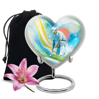 Bright Blue Golf Cremation Urn detail view - romantic heart urn with golf motif on aluminum - full-size 10 inch 200 cubic inch adult cremation urn