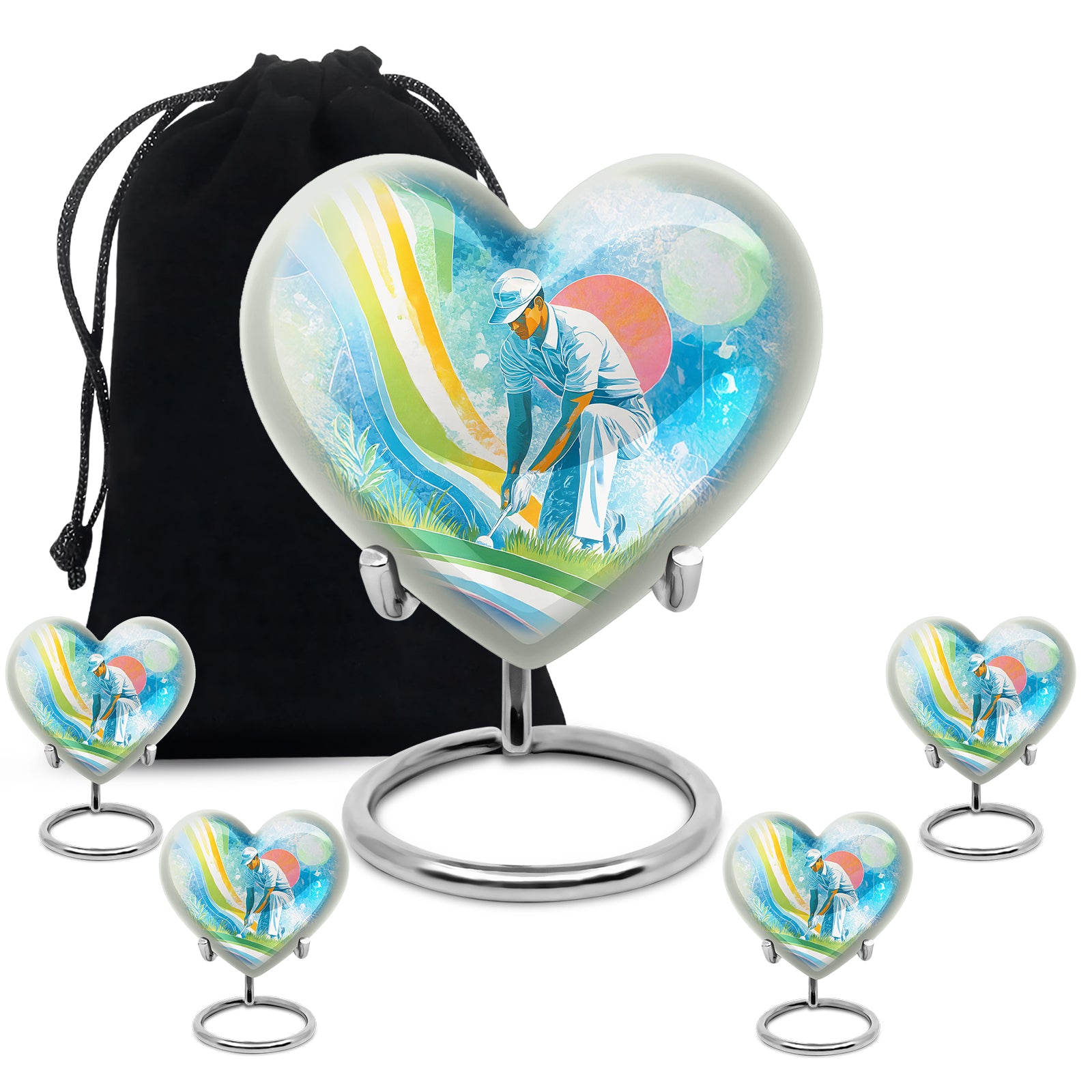 Cornflower Blue Golf Cremation Urn close-up of engraving and surface detail - romantic heart urn with golf motif on aluminum - memorial set with one large and four small urns