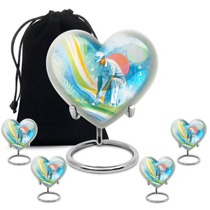 Cornflower Blue Golf Cremation Urn close-up of engraving and surface detail - romantic heart urn with golf motif on aluminum - memorial set with one large and four small urns