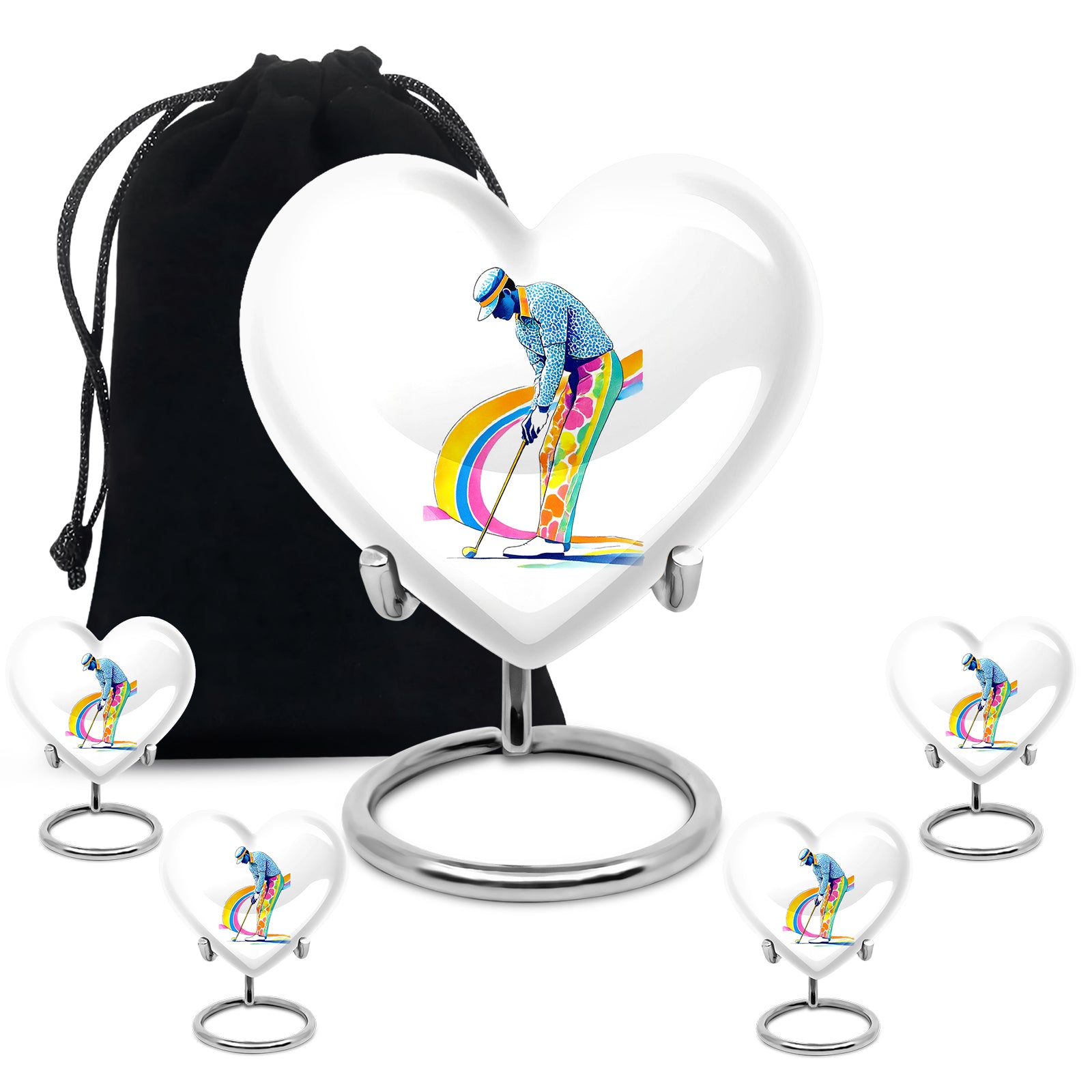 Pure White Golf Cremation Urn close-up of engraving and surface detail - heart-shaped golf design symbolizing eternal love - memorial set with one large and four small urns