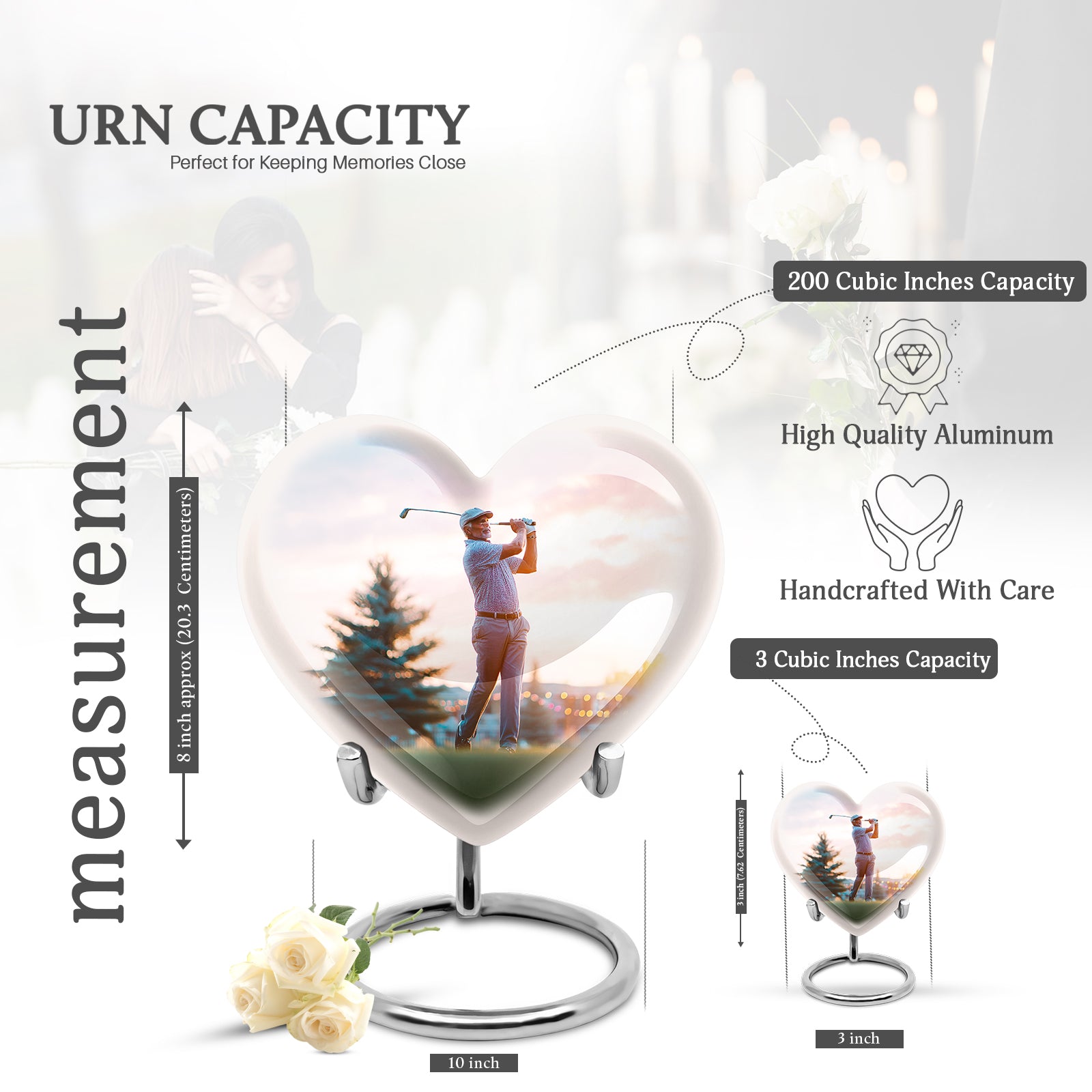 Frosted Silver Golf Cremation Urn front view showing detailed design - compassionate heart-golf combination with gentle curves - mini keepsake memorial for portion of cremation ashes