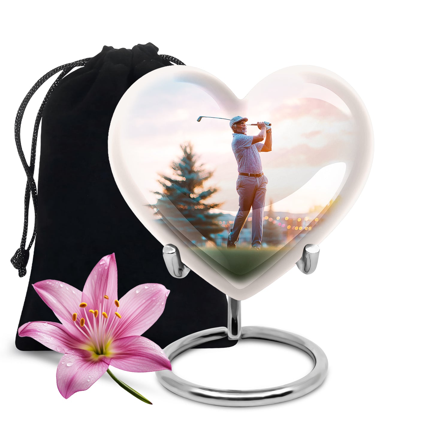 Satin Silver Golf Cremation Urn detail view - heart-shaped golf design symbolizing eternal love - full-size 10 inch 200 cubic inch adult cremation urn