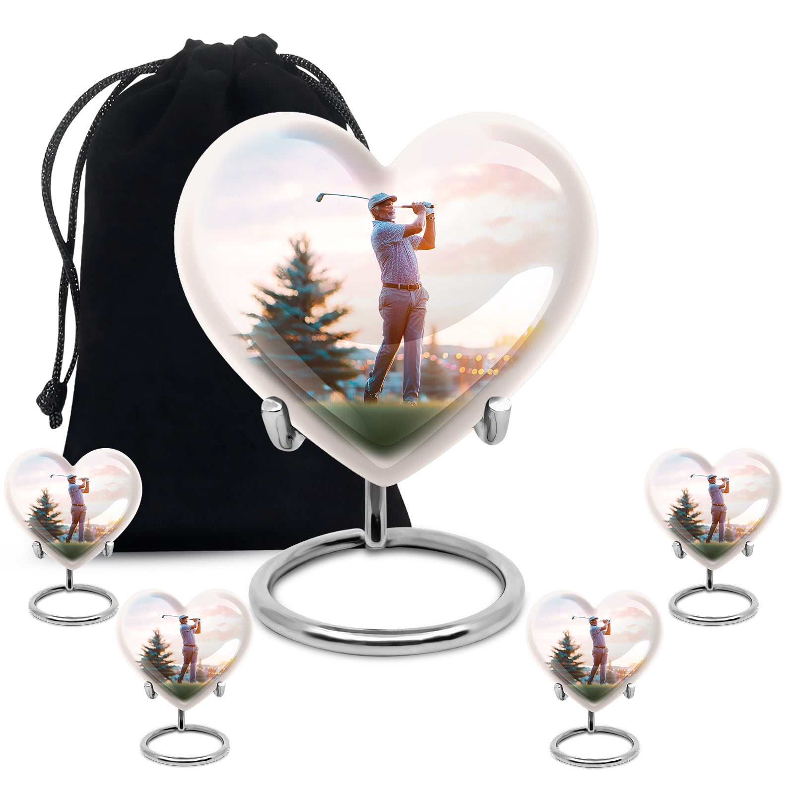 Polished Silver Golf Cremation Urn close-up of engraving and surface detail - compassionate heart-golf combination with gentle curves - memorial set with one large and four small urns