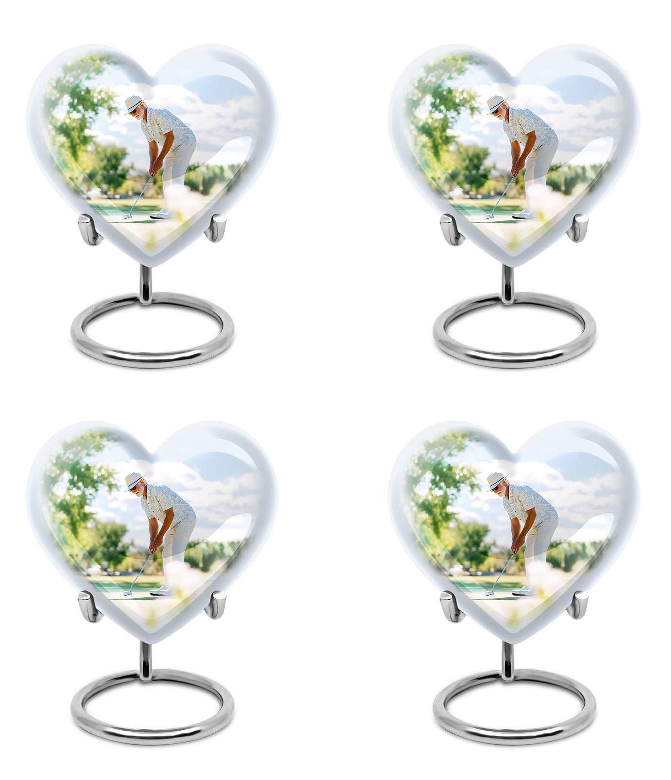 Frosted Silver Golf Cremation Urn angled view of lid and engraved motif - romantic heart urn with golf motif on aluminum - 10 inch aluminum urn for cremated remains