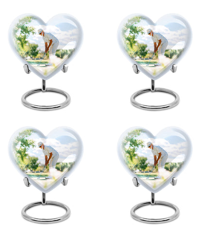 Frosted Silver Golf Cremation Urn angled view of lid and engraved motif - romantic heart urn with golf motif on aluminum - 10 inch aluminum urn for cremated remains