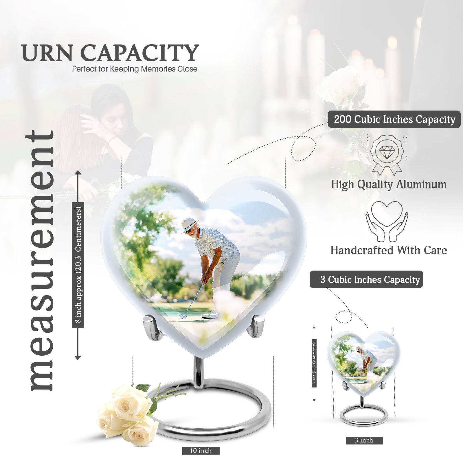 Polished Silver Golf Cremation Urn front view showing detailed design - compassionate heart-golf combination with gentle curves - mini keepsake memorial for portion of cremation ashes