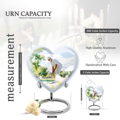 Polished Silver Golf Cremation Urn front view showing detailed design - compassionate heart-golf combination with gentle curves - mini keepsake memorial for portion of cremation ashes