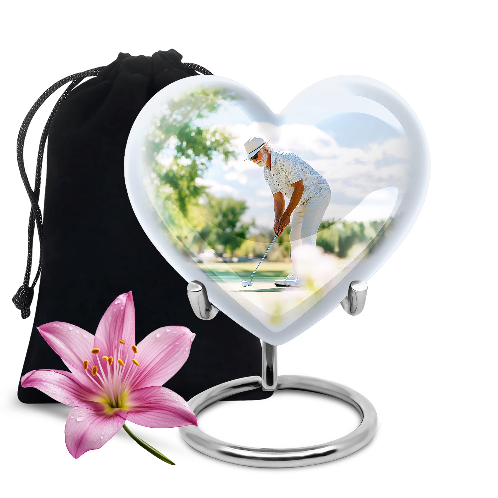 Moonlight Silver Golf Cremation Urn detail view - compassionate heart-golf combination with gentle curves - full-size 10 inch 200 cubic inch adult cremation urn