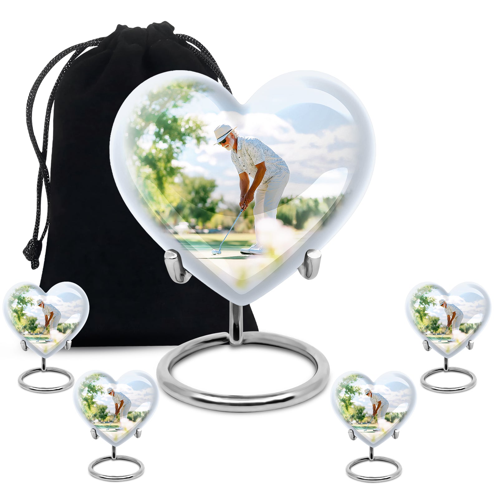 Sterling Silver Golf Cremation Urn close-up of engraving and surface detail - heart-shaped golf design symbolizing eternal love - memorial set with one large and four small urns