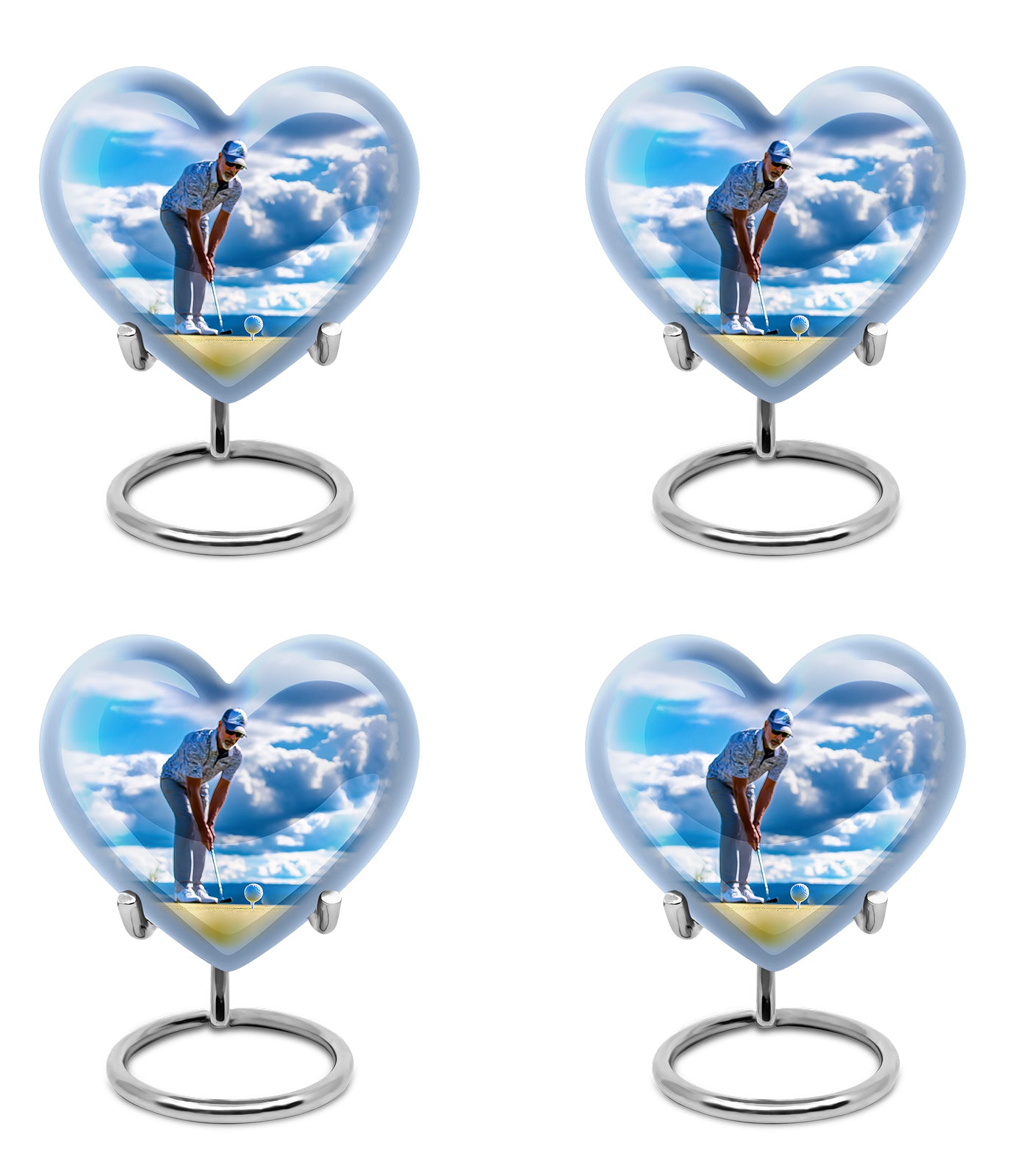 Sapphire Blue Golf Cremation Urn angled view of lid and engraved motif - compassionate heart-golf combination with gentle curves - 10 inch aluminum urn for cremated remains