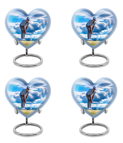 Sapphire Blue Golf Cremation Urn angled view of lid and engraved motif - compassionate heart-golf combination with gentle curves - 10 inch aluminum urn for cremated remains
