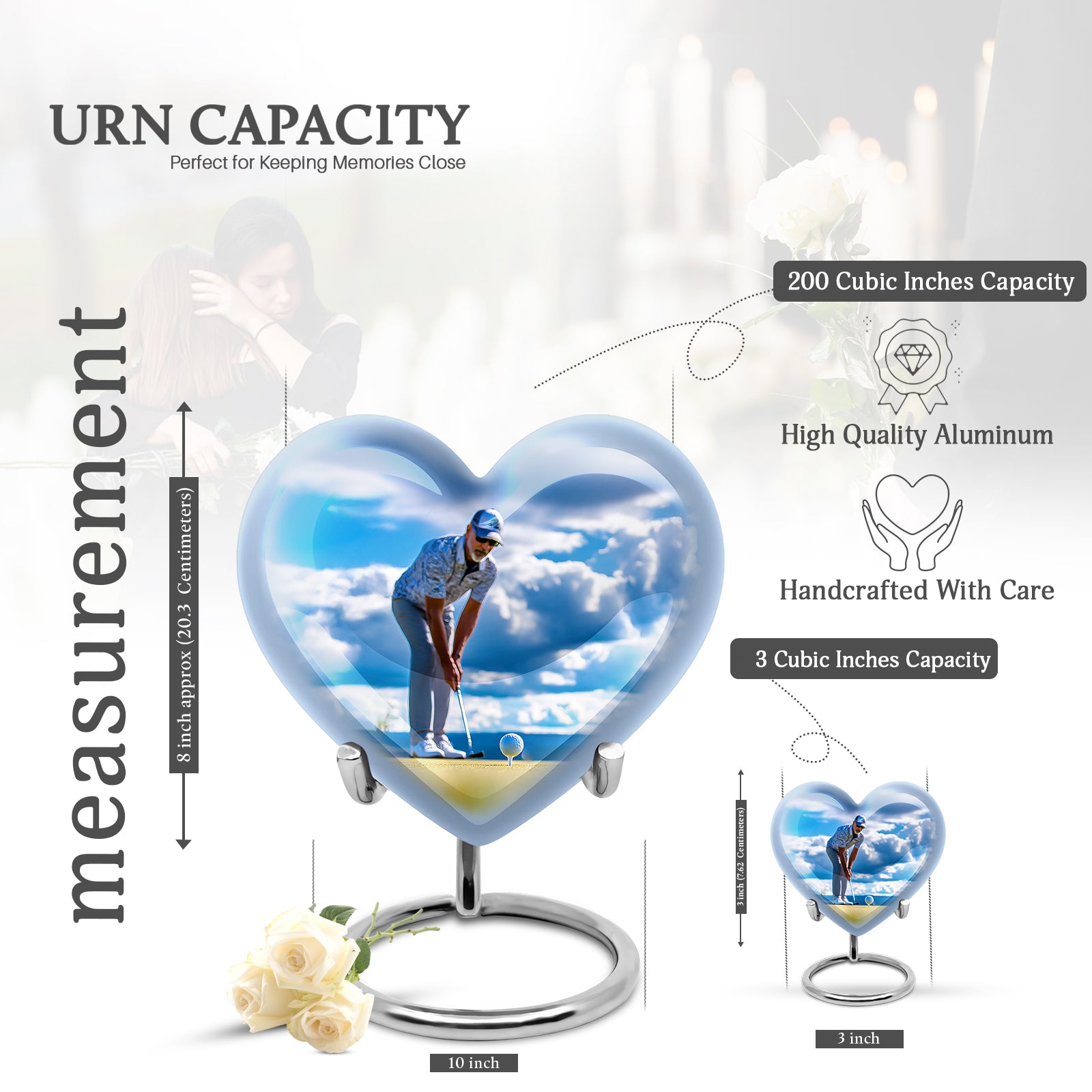 Steel Blue Golf Cremation Urn front view showing detailed design - romantic heart urn with golf motif on aluminum - mini keepsake memorial for portion of cremation ashes